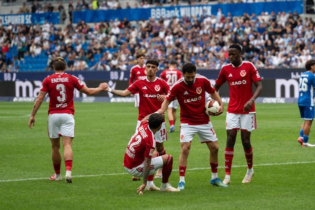 September 13, 2026, xjyhynx, Soccer 2. Bundesliga, Karlsruher SC vs. Energie Cottbus, Cottbus players celebrate winning a penalty kick. DFL and DFB regulations prohibit any use of photographs as image sequences and or quasi-video. Karlsruhe