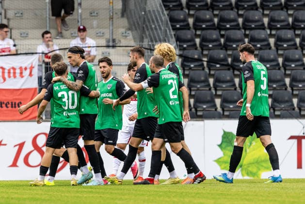 VfB Stuttgart II vs. SC Preussen Münster, Soccer, 3rd Division, Matchday 5, WIRmachenDRUCK Arena Großaspach, September 13, 2026. Goal celebration, cheers, joy after the goal; shot on goal for the 1-1 equalizer by Marvin Schulz of SC Preussen Münster, 30 SC Preussen Münster team VfB Stuttgart II vs. SC Preussen Münster, Soccer, 3rd Division, Matchday 5, WIRmachenDRUCK Arena Großaspach, September 13, 2026. Photo by Lucca Fundel, Großaspach, WIRmachenDRUCK Arena, Baden-Württemberg, Germany