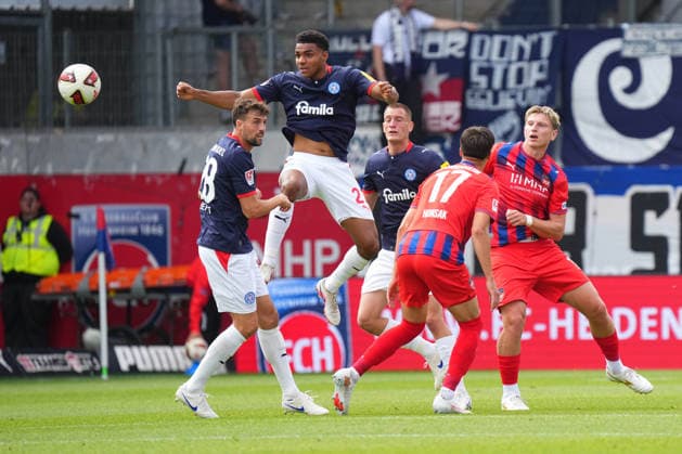 2. Bundesliga, Matchday 5, 2026–27 Season, FC Heidenheim vs. Holstein Kiel: Ikem Ugoh of Holstein Kiel tries his luck with a header. FC Heidenheim vs. Holstein Kiel, 2. Bundesliga, Matchday 5, 2026–27 Season, FC Heidenheim vs. Holstein Kiel, Germany, Heidenheim, Voith Arena, September 13, 2026 SP_GHR