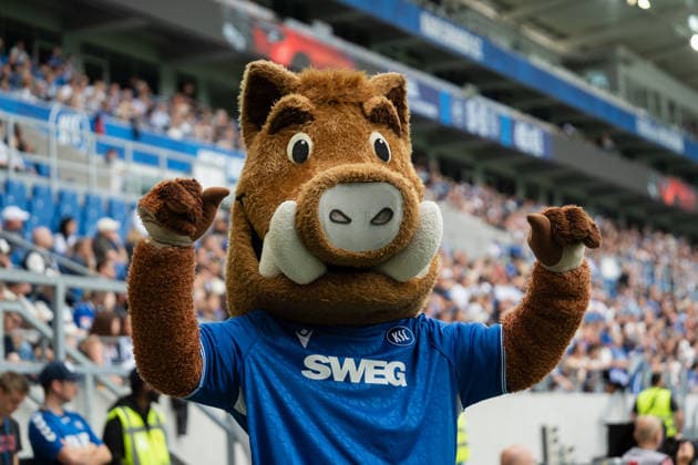 September 13, 2026, xjyhynx, Soccer 2. Bundesliga, Karlsruher SC vs. Energie Cottbus, Karlsruher SC mascot Willi Wildpark celebrating. DFL and DFB regulations prohibit any use of photographs as image sequences and or quasi-video. Karlsruhe