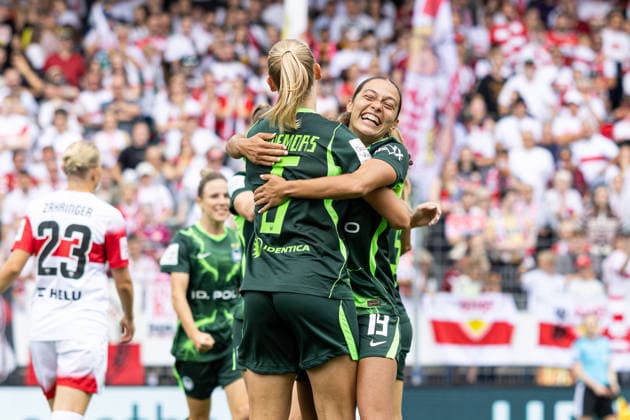 Germany: VfB Stuttgart Women vs. VfL Wolfsburg Women, Women s Bundesliga, Google Pixel Women s Bundesliga, 2026–27 Season, GAZi Stadium on the Waldau in Stuttgart; VfL Wolfsburg celebrates after a goal by Ella Peddemors, VfL Wolfsburg Women, 5, Kessya Bussy, VfL Wolfsburg Women, 19, portrait photo, portrait, individual shot, portrait, Stuttgart, GAZi Stadium on the Waldau, Baden-Württemberg, Germany Copyright: xBenedictxChristx