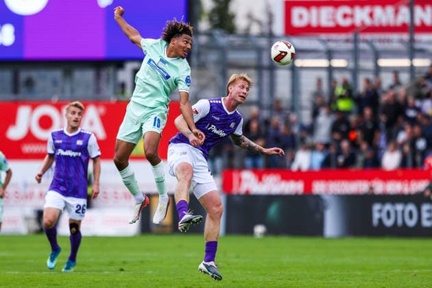 September 13, 2026, xkwix, Soccer, 2nd Division, VfL Osnabrück vs. Hertha BSC, Stadion an der Bremer Brücke, Matchday 5, 2026–2027 Season: Oluwaseun Adewumi (Hertha BSC, No. 19) in a tackle against Bjarke Jacobsen (VfL Osnabrück, No. 15). DFB regulations prohibit any use of photographs as image sequences and or quasi-video. Photo: xKamilxWilkowskixPressefotoKochx Lower Saxony, Germany