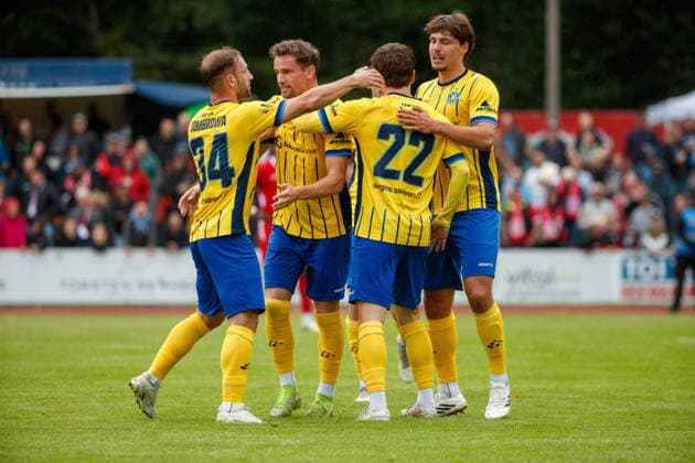 Goal celebration 0-1 with goal scorer No. 22 Dorian Cevis (Lok GER), Greifswalder FC vs. 1. FC Lok Leipzig, Soccer, Men, Northeast Regional League, Matchday 8, 2026–2027 season, September 13, 2026, Greifswald Volksstadion, Mecklenburg-Western Pomerania, Germany