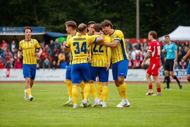 Goal celebration 0-1 with goal scorer No. 22 Dorian Cevis (Lok GER), Greifswalder FC vs. 1. FC Lok Leipzig, Soccer, Men, Northeast Regional League, Matchday 8, 2026–2027 season, September 13, 2026, Greifswald Volksstadion, Mecklenburg-Western Pomerania, Germany