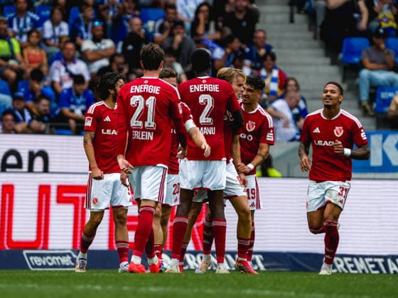 September 13, 2026, xwppx, Soccer 2. Bundesliga, Karlsruher SC vs. Energie Cottbus – Celebrations after Lukas Michelbrink’s 0–1 goal. Energie Cottbus. DFL and DFB regulations prohibit any use of photographs as image sequences and or quasi-video. Karlsruhe