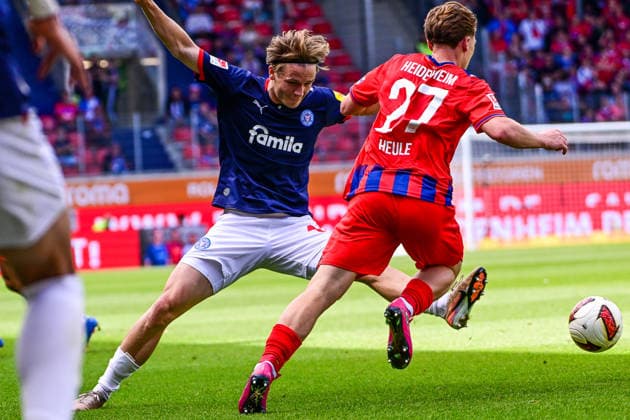 September 13, 2026, GER, Soccer, Men s, 2. Bundesliga, 1. FC Heidenheim vs. Holstein Kiel; Foul by Jonas Therkelsen (Kiel, No. 10) on Michael Heule (Heidenheim, No. 27); Heidenheim Voith Arena, Baden-Württemberg, Germany Copyright: xNordphotox xHafnerx