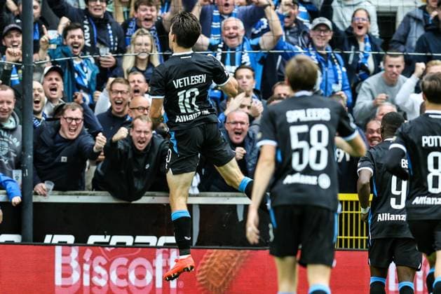Club s Hugo Vetlesen celebrates after scoring during a soccer match between Club Brugge and Royal Antwerp FC, Sunday 13 September 2026 in Brugge, on day 6 of the 2026-2027 Jupiler Pro League first division of the Belgian championship. BRUNOxFAHY  x186200248x