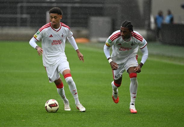 September 13, 2026, xophax, Regional League West Soccer, Match 26–27: 1. FC Köln U23 vs. SV Bergisch Gladbach, Nilas Kossi Yacobi, on the left, and Reigan Heskey, on the right—both of 1 FC Köln. DFL and DFB regulations prohibit any use of photographs as image sequences and or quasi-video. Cologne