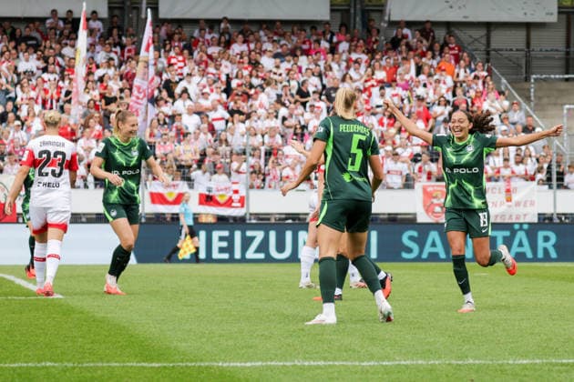 September 13, 2026, xgrfx, Soccer, Google Pixel, Women s Bundesliga, VfB Stuttgart vs. VfL Wolfsburg, Goal, Ella Peddemors scores to make it 0-1 for VfL Wolfsburg against Stuttgart