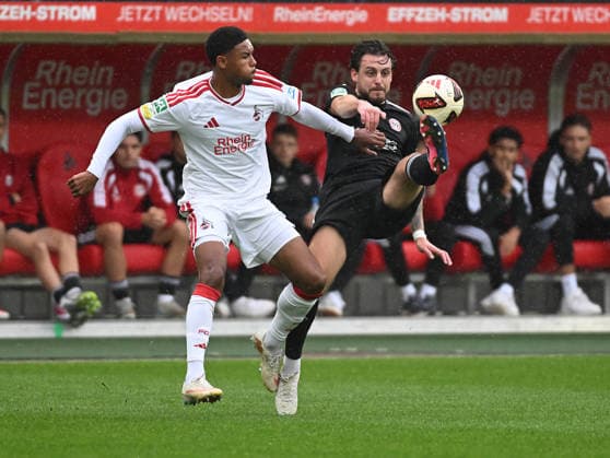September 13, 2026, xophax, Regional League West Soccer, Match 26–27: 1. FC Köln U23 vs. SV Bergisch Gladbach, Maik Afri Akumu (1. FC Köln), on the left, and Maik Marquardt, on the right, Bergisch Gladbach. DFL and DFB regulations prohibit any use of photographs as image sequences and or quasi-video. Cologne