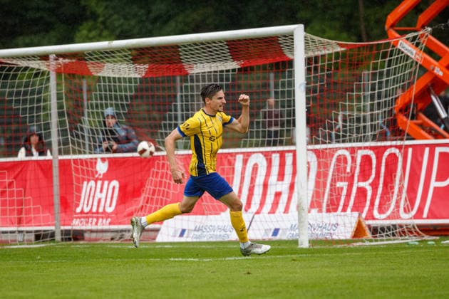 Alexander Siebeck of Lok scores and celebrates the 2-2 draw, Greifswalder FC vs. 1. FC Lok Leipzig, Soccer, Men, Northeast Regional League, Matchday 8, 2026–2027 Season, September 13, 2026, Greifswald Volksstadion, Mecklenburg-Western Pomerania, Germany