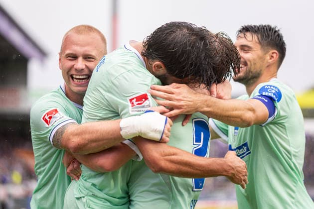 L R Jon Dagur Thorsteinsson (Hertha BSC, 23), Kevin Sessa (Hertha BSC, 08), Mads Pedersen (Hertha BSC, 22), and Josip Brekalo (Hertha BSC, 07) celebrate the goal that made the score 0–2 GER, VfL Osnabrück vs. Hertha BSC, Soccer, 2. Bundesliga, Matchday 5, 2026–2027 season, September 13, 2026 DFL regulations prohibit any use of photographs as image sequences and or quasi-video (GER), VfL Osnabrück vs. Hertha BSC, soccer, 2. Bundesliga, Matchday 5, 2026–2027 season, September 13, 2026, Osnabrück Copyright: xEibner-Pressefoto JanxRollingerx EP_JSK
