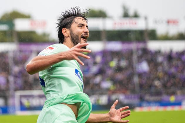 Kevin Sessa of Hertha BSC, No. 08, celebrates the goal that makes the score 0–2 GER, VfL Osnabrück vs. Hertha BSC, soccer, 2. Bundesliga, Matchday 5, 2026–2027 season, September 13, 2026 DFL regulations prohibit any use of photographs as image sequences and or quasi-video, GER, VfL Osnabrück vs. Hertha BSC, soccer, 2. Bundesliga, Matchday 5, 2026–2027 season, September 13, 2026 Osnabrück Copyright: xEibner-Pressefoto JanxRollingerx EP_JSK