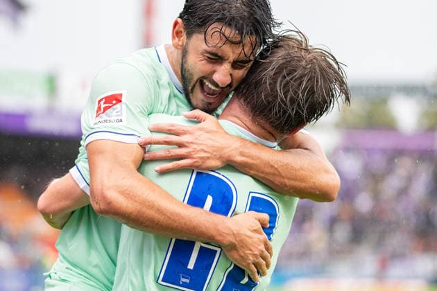 L R Kevin Sessa (Hertha BSC), No. 08, and Mads Pedersen (Hertha BSC), No. 22, celebrate the goal that made the score 0–2 GER, VfL Osnabrück vs. Hertha BSC, Soccer, 2. Bundesliga, Matchday 5, 2026–2027 season, September 13, 2026 DFL regulations prohibit any use of photographs as image sequences and or quasi-video (GER), VfL Osnabrück vs. Hertha BSC, soccer, 2. Bundesliga, Matchday 5, 2026–2027 season, September 13, 2026, Osnabrück Copyright: xEibner-Pressefoto JanxRollingerx EP_JSK