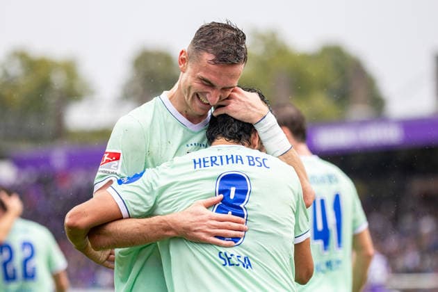 L R Niklas Kolbe of Hertha BSC, 27, and Kevin Sessa of Hertha BSC, 08, celebrate the goal that made the score 0–2 GER, VfL Osnabrück vs. Hertha BSC, soccer, 2. Bundesliga, Matchday 5, 2026–2027 season, September 13, 2026 DFL regulations prohibit any use of photographs as image sequences and or quasi-video, GER, VfL Osnabrück vs. Hertha BSC, soccer, 2. Bundesliga, Matchday 5, 2026–2027 season, September 13, 2026, Osnabrück Copyright: xEibner-Pressefoto JanxRollingerx EP_JSK