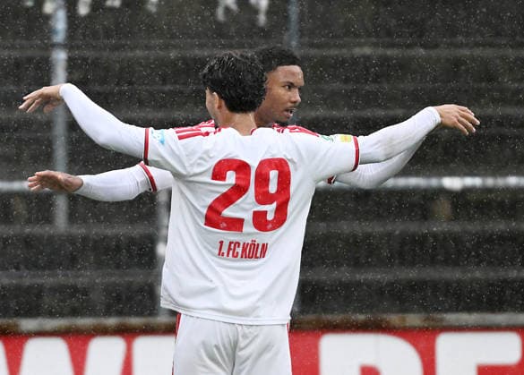 September 13, 2026, xophax, Regionalliga West Soccer, Matchday 26: 1 FC Köln U23 vs. SV Bergisch Gladbach, Maik Afri Akumu (1 FC Köln), on the right after scoring the 1–0 goal with Kristiyan Irmiev, both of 1 FC Köln. DFL and DFB regulations prohibit any use of photographs as image sequences and or quasi-video. Cologne