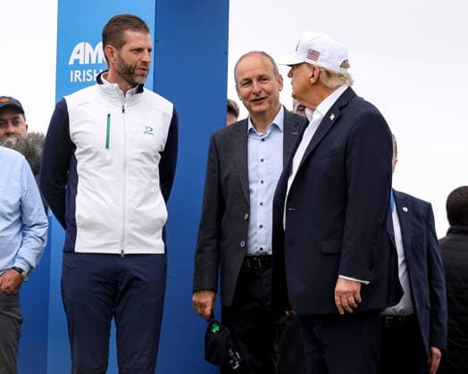 2026 Amgen Irish Open - Fourth Round, Trump International Golf Links, Doonbeg 13 9 2026 Eric Trump with An Taoiseach Micheal Martin and President of the United States of America Donald Trump at the first tee box ERIC trump, Micheal Martin and Donald Trump at the first tee box 13 9 2026  Copyright: xx BB2_9786