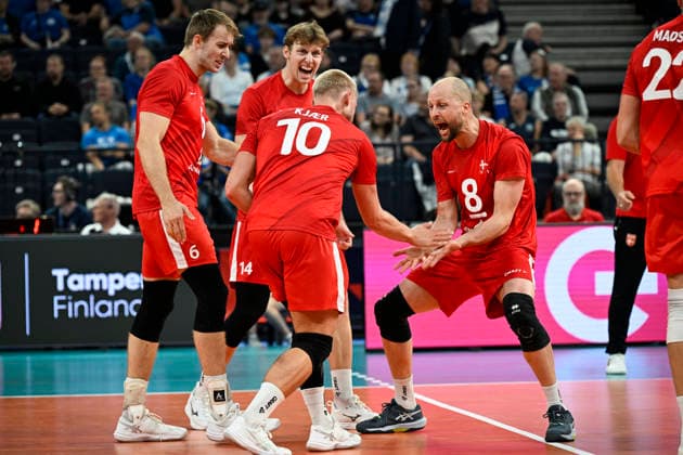 LKS 20260913 Team Denmark celebrates a point during men s volleyball European Championships Pool C match Estonia vs Denmark in Tampere, on 13th of September, 2026. - EMMI KORHONEN Tampere Finland E7aONK_qGPM  Copyright: xEmmixKorhonenx E7aONK_qGPM