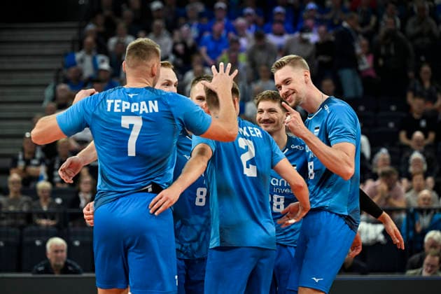 LKS 20260913 Team Estonia celebrates a point during men s volleyball European Championships Pool C match Estonia vs Denmark in Tampere, on 13th of September, 2026. - EMMI KORHONEN Tampere Finland HLWqJEyXUpk  Copyright: xEmmixKorhonenx HLWqJEyXUpk