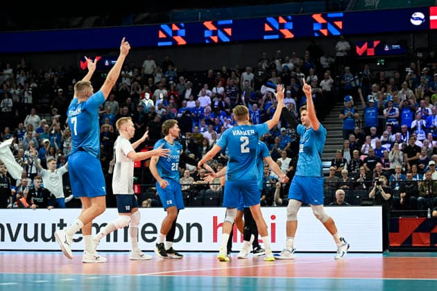 Team Estonia celebrates a point during men s volleyball European Championships Pool C match Estonia vs Denmark in Tampere, on 13th of September, 2026. - EMMI KORHONEN Tampere Finland wtIeb0qjtvM  Copyright: xEmmixKorhonenx wtIeb0qjtvM