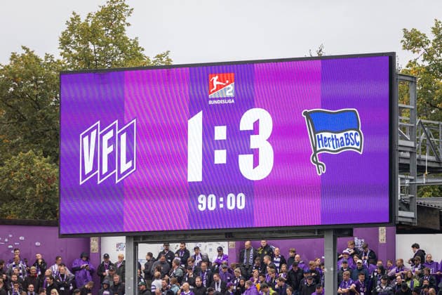 Scoreboard showing the score of 1–3 after the final whistle: GER, VfL Osnabrück vs. Hertha BSC, soccer, 2. Bundesliga, Matchday 5, 2026–2027 season, September 13, 2026 DFL regulations prohibit any use of photographs as image sequences and or quasi-video GER, VfL Osnabrück vs. Hertha BSC, soccer, 2. Bundesliga, Matchday 5, 2026–2027 season, September 13, 2026, Osnabrück Copyright: xEibner-Pressefoto JanxRollingerx EP_JSK