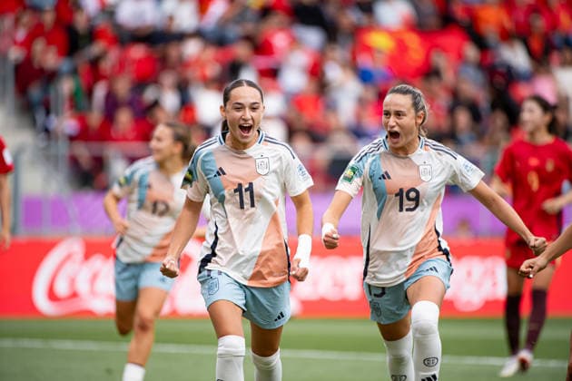 September 13, 2026, Sosnowiec, Silesian Voivodeship, Poland: AGOTE DANIELA of Spain seen celebrating after scoring goal 0CERRATO ALBA of Spain (R) during the FIFA U20 Womens World Cup match between China versus Spain at ArcelorMittal Park Sosnowiec Poland - ZUMAs385 20260913_zsp_s385_022 Copyright: xLeopoldxSoglox