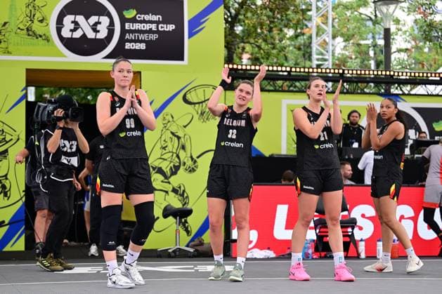 Belgium s Ine Joris; Belgium s Heleen Nauwelaers; Belgium s Axelle Van Eupen and Belgium s Sarah Dossou pictured after a 3x3 basketball game between Spain and Belgium, a quarter-finals game the women s FIBA 3x3 Europe Cup, on Sunday 13 September 2026 in Antwerp. DIRKxWAEM  x186202710x