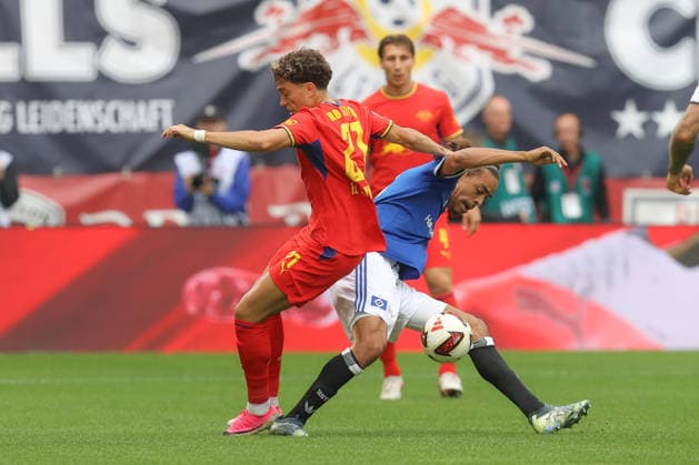 September 13, 2026, xtgx, Soccer, Bundesliga 1, RB Leipzig vs. Hamburger SV, from left: Neil El Aynaoui (Leipzig), 21, Yussuf Poulsen, Hamburg, 15, tackle, duel, battle, DFL DFB REGULATIONS PROHIBIT ANY USE OF PHOTOGRAPHS AS IMAGE SEQUENCES AND OR QUASI-VIDEO, Leipzig