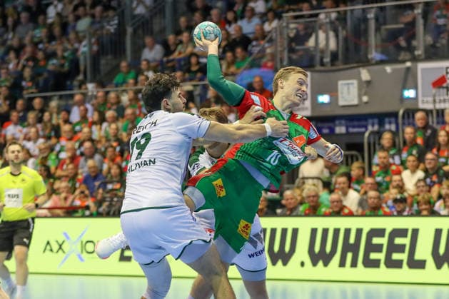 September 13, 2026, xgox, Handball: Opel HBL SC Magdeburg vs. HSG Wetzlar emspor; from left: Gisli Thorgeir Kristjansson (Magdeburg), 10 shots on goal, goal scorers, scores a goal, Magdeburg