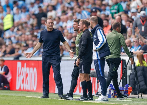 Coventry, England, 13th September 2026. Frank Lampard head coach of Coventry City reacts during the Coventry City vs Brighton and Hove Albion Premier League match at the Coventry Building Society Arena, Coventry. Picture credit should read: Cody Froggatt Sportimage EDITORIAL USE ONLY. No use with unauthorised audio, video, data, fixture lists, club league logos or live services. Online in-match use limited to 120 images, no video emulation. No use in betting, games or single club league player publications. SPI_013_CF_COVENTRY_CITY_V_BRIGHTON SPI-4994-0013