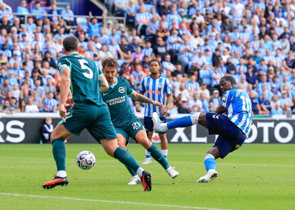 Coventry, England, 13th September 2026. Ephron Mason-Clark of Coventry City shoots towards goal during the Coventry City vs Brighton and Hove Albion Premier League match at the Coventry Building Society Arena, Coventry. Picture credit should read: Cody Froggatt Sportimage EDITORIAL USE ONLY. No use with unauthorised audio, video, data, fixture lists, club league logos or live services. Online in-match use limited to 120 images, no video emulation. No use in betting, games or single club league player publications. SPI_016_CF_COVENTRY_CITY_V_BRIGHTON SPI-4994-0016