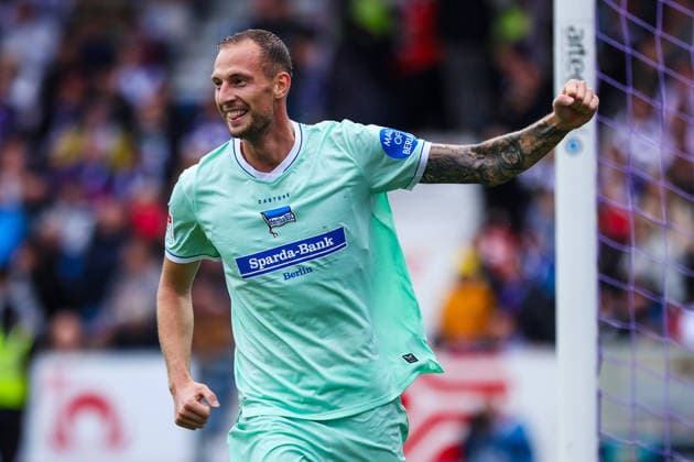 September 13, 2026, xkwix, Soccer, 2nd Division, VfL Osnabrück vs. Hertha BSC, Stadion an der Bremer Brücke, Matchday 5, 2026–2027 season: Gustaf Nilsson of Hertha BSC No. 9 celebrates. DFB regulations prohibit any use of photographs as image sequences and or quasi-video. Photo: xKamilxWilkowskixPressefotoKochx, Lower Saxony, Germany
