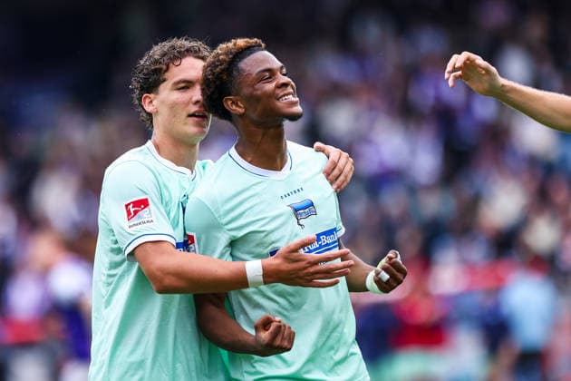 September 13, 2026, xkwix, Soccer, 2nd Division, VfL Osnabrück vs. Hertha BSC, Stadion an der Bremer Brücke, Matchday 5, 2026–2027 season: Celebration after Farid Alfa Ruprecht scores the 1–3 goal for Hertha BSC. 20 DFB regulations prohibit any use of photographs as image sequences and or quasi-video. Photo: xKamilxWilkowskixPressefotoKochx, Lower Saxony, Germany