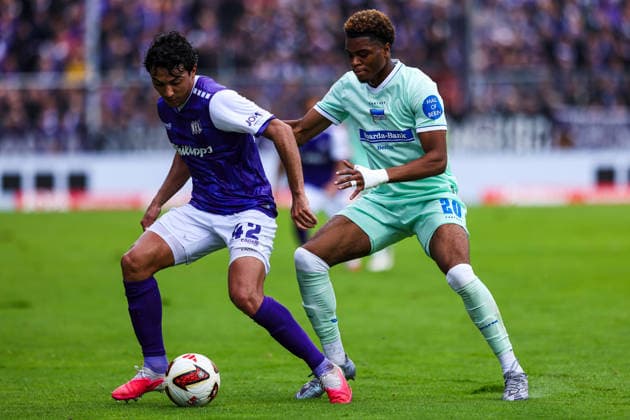 September 13, 2026, xkwix, soccer, 2nd Division, VfL Osnabrück vs. Hertha BSC, Stadion an der Bremer Brücke, Matchday 5, 2026–2027 Season: Farid Alfa Ruprecht of Hertha BSC (No. 20) in a tackle against Jonathan German Gomez of VfL Osnabrück (No. 42). DFB regulations prohibit any use of photographs as image sequences and or quasi-video. Photo: xKamilxWilkowskixPressefotoKochx, LowerLower Saxony, Germany