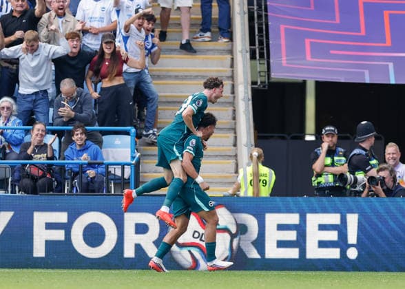 Coventry, England, 13th September 2026. Charalampos Kostoulas of Brighton and Hove Albion celebrates scoring their sides first goal during the Coventry City vs Brighton and Hove Albion Premier League match at the Coventry Building Society Arena, Coventry. Picture credit should read: Cody Froggatt Sportimage EDITORIAL USE ONLY. No use with unauthorised audio, video, data, fixture lists, club league logos or live services. Online in-match use limited to 120 images, no video emulation. No use in betting, games or single club league player publications. SPI_023_CF_COVENTRY_CITY_V_BRIGHTON SPI-4994-0023