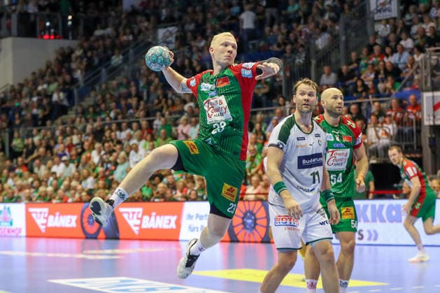 September 13, 2026, xgox, Handball Opel HBL SC Magdeburg vs. HSG Wetzlar, from left: Magnus Saugstrup (Magdeburg), 23, takes a shot, goal scorer, scores a goal, Magdeburg