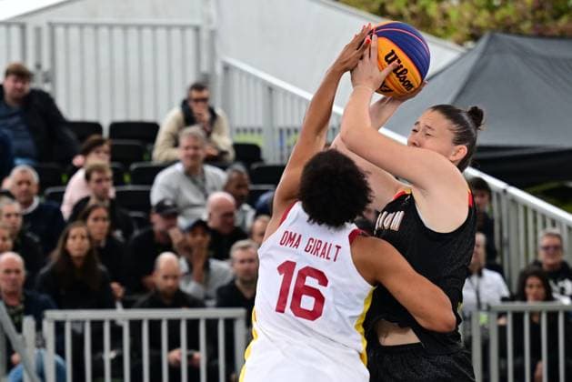 Belgium s Ine Joris and +pictured during a 3x3 basketball game between Spain and Belgium, a quarter-finals game the women s FIBA 3x3 Europe Cup, on Sunday 13 September 2026 in Antwerp. DIRKxWAEM  x186203228x