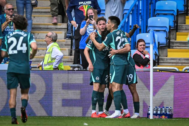 13th September 2026; Coventry Building Society Arena, Coventry, West Midlands, England; Premier League Football, Coventry City versus Brighton and Hove Albion; Charalampos Kostoulas of Brighton and Hove Albion celebrates with his team after scoring in the 35th minute to make the score 0-1 GodfreyxPitt