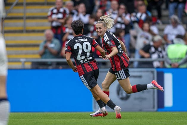 GER, Frankfurt, Eintracht Frankfurt vs. TSG Hoffenheim, Google Pixel Women s Bundesliga, Soccer, DFB, 2026–2027 Season, Stadion am Brentanobad, Matchday 4 in Pictures: Nina Lührsen, Eintracht Frankfurt Women’s Team No. 11, Goal, Cheering and Joy, Emotions, 1–0, Dilara Acikgoz, Eintracht Frankfurt Women’s Team No. 29. DFB and DFL regulations prohibit any use of photographs as image sequences and or quasi-video. September 13, 2026 Copyright: HMBxMedia HendrikxHamelau