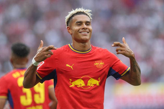 September 13, 2026, xtgx, Soccer, 1st Bundesliga, RB Leipzig vs. Hamburger SV, from left: Antonio Nusa (Leipzig), 7, celebration, goal celebration, celebrating the goal, DFL and DFB regulations prohibit any use of photographs as image sequences and or quasi-video (Leipzig)