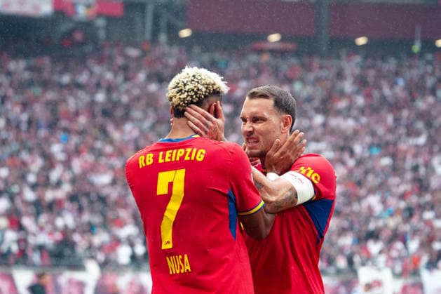 German Soccer Bundesliga 2026–2027, Matchday 3: RB Leipzig vs. Hamburger SV at Red Bull Arena, Leipzig—Goals and goal celebrations by Antonio Nusa (RB Leipzig, 7) and David Raum (RB Leipzig, 22) Copyright: xAymanxAlahmedx