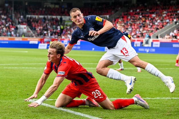 September 13, 2026, GER, Soccer, Men s, 2. Bundesliga, 1. FC Heidenheim vs. Holstein Kiel Mikkel Kaufmann (Heidenheim), 29, Ivan Nekic (Kiel), 13 Heidenheim Voith Arena, Baden-Württemberg, Germany Copyright: xNordphotox xHafnerx