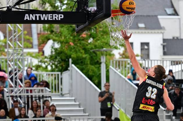 Belgium s Heleen Nauwelaers and +pictured during a 3x3 basketball game between Spain and Belgium, a quarter-finals game the women s FIBA 3x3 Europe Cup, on Sunday 13 September 2026 in Antwerp. DIRKxWAEM  x186203088x