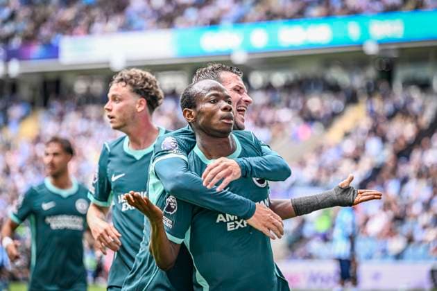 13th September 2026; Coventry Building Society Arena, Coventry, West Midlands, England; Premier League Football, Coventry City versus Brighton and Hove Albion; Malick Yalcouye of Brighton &amp; Hove Albion celebrates with his team after scoring in the 51st minute to make the score 0-2 GodfreyxPitt