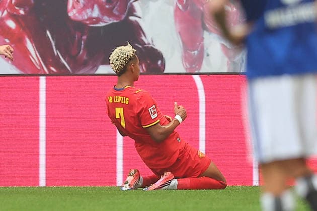 RB Leipzig vs. Hamburger SV, Bundesliga, Leipzig, September 13, 2026, Red Bull Arena, Soccer, Men, 2026–2027 Season, Bundesliga 1, Matchday 3, RB Leipzig vs. Hamburger SV, Pictured: Goal for Leipzig, Goal celebration after the 2–0, Goal scorer Antonio Nusa (7), RB Leipzig,