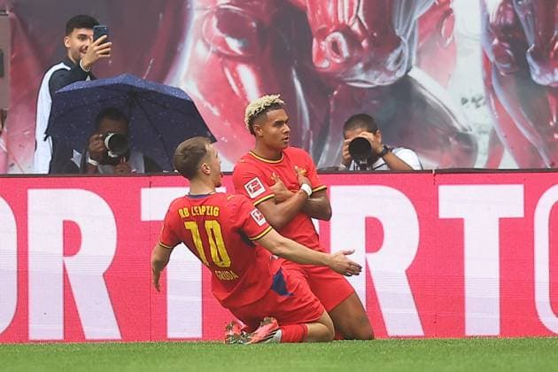 RB Leipzig vs. Hamburger SV, Bundesliga, Leipzig, September 13, 2026, Red Bull Arena, Soccer, Men, 2026–2027 Season, 1st Bundesliga, Matchday 3, RB Leipzig vs. Hamburger SV, Pictured: Goal for Leipzig, Goal celebration after the 2–0, Goal scorer Antonio Nusa (7), RB Leipzig,
