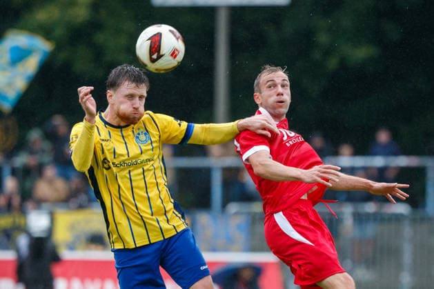 Left: Dorian Cevis (Lok) vs. Kay Seidemann (Greifswald, GER), Greifswalder FC vs. 1. FC Lok Leipzig, Soccer, Men, Northeast Regional League, Matchday 8, 2026–2027 Season, September 13, 2026, Greifswald Volksstadion, Mecklenburg-Western Pomerania, Germany