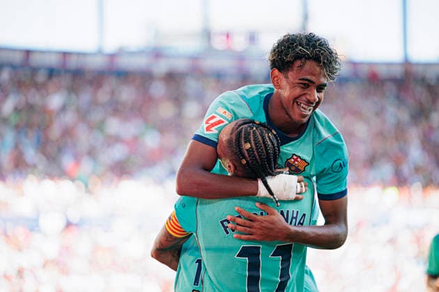 Lamine Yamal and Raphinha seen celebrating after scoring goal during LaLiga 2026 2027 game between teams of Levante UD and FC Barcelona, Barca (Maciej Rogowski Ball Raw Images) Valencia Estadio Ciutat de Valencia Spain Copyright: xMaciejxRogowskix maciejrogowski_levante_barcelona_2627-10-2