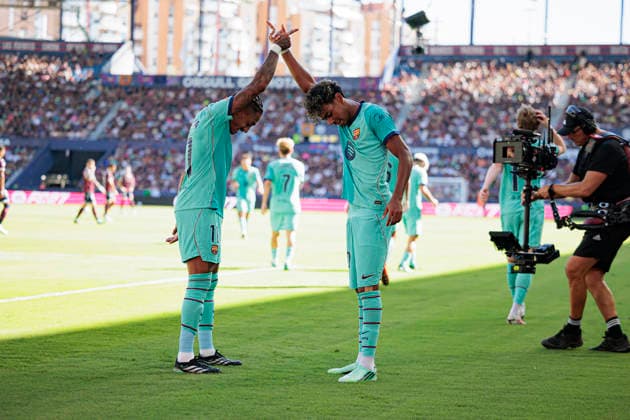 Lamine Yamal and Raphinha seen celebrating after scoring goal during LaLiga 2026 2027 game between teams of Levante UD and FC Barcelona, Barca (Maciej Rogowski Ball Raw Images) Valencia Estadio Ciutat de Valencia Spain Copyright: xMaciejxRogowskix maciejrogowski_levante_barcelona_2627-15-2