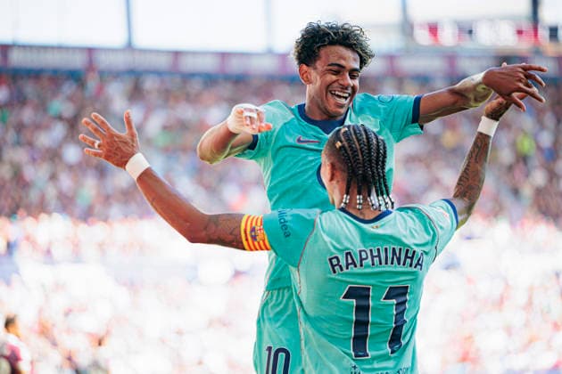 Lamine Yamal and Raphinha seen celebrating after scoring goal during LaLiga 2026 2027 game between teams of Levante UD and FC Barcelona, Barca (Maciej Rogowski Ball Raw Images) Valencia Estadio Ciutat de Valencia Spain Copyright: xMaciejxRogowskix maciejrogowski_levante_barcelona_2627-7-2